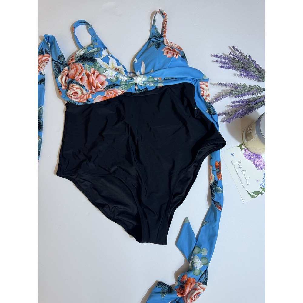 CUPSHE One‎ Piece Swimsuit Women Swimwear Jacquard  V-Neck Blue Floral Sz 0X